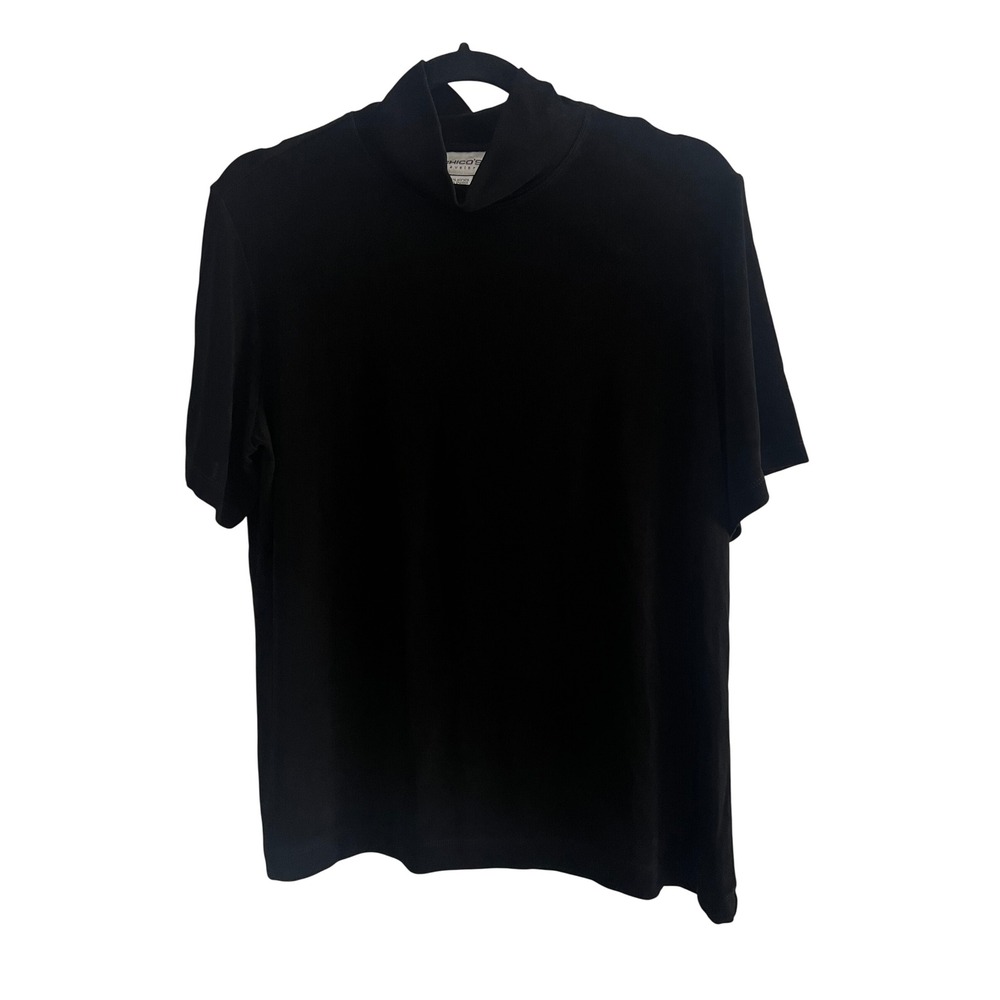 Chico's Travelers Mock Neck Top Women Size 3 XL Black Slinky Knit Short Sleeve